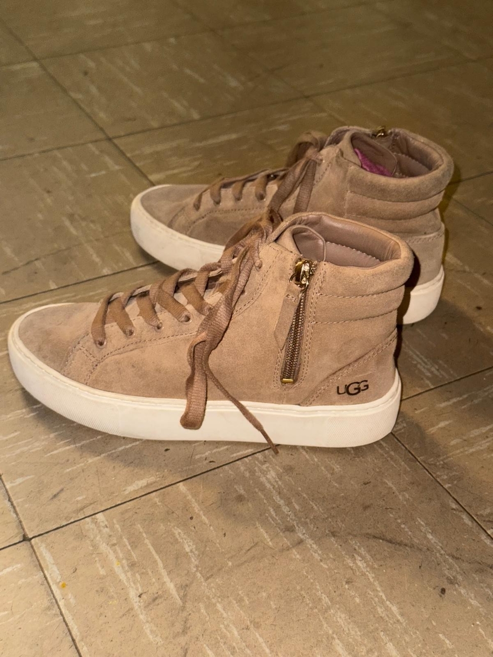 UGG Beige/Tan Suede High-Top Sneakers with Side Zipper